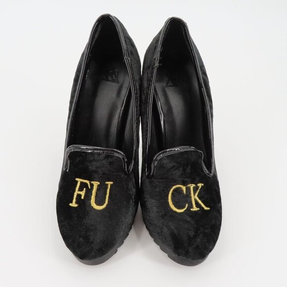 YRU Women 6 F Word Cuss Curse Black Velvet Gold Embroidered High Heels Shoes - Picture 10 of 10